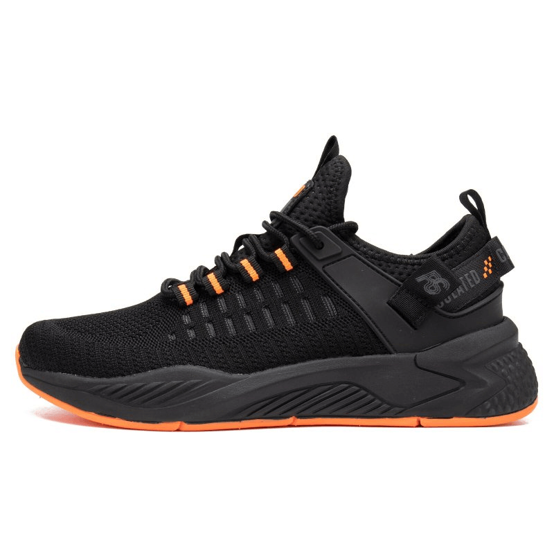 Black breathable wear-resistant men's sneaker with orange accents, mesh upper, and TPR outsole for comfort and durability.